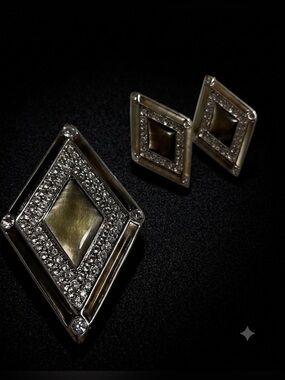 Vintage Butler Mother of Pearl Rhinestone Brooch/Pendent & Matching Earring